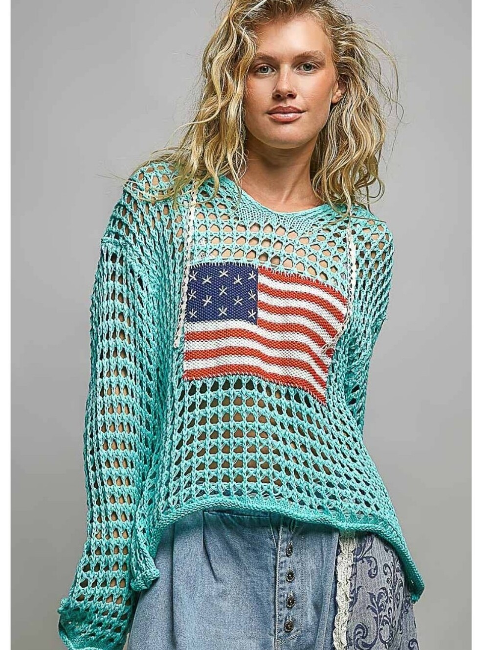 POL Light Teal Open-Knit Sweater with Flag Motif